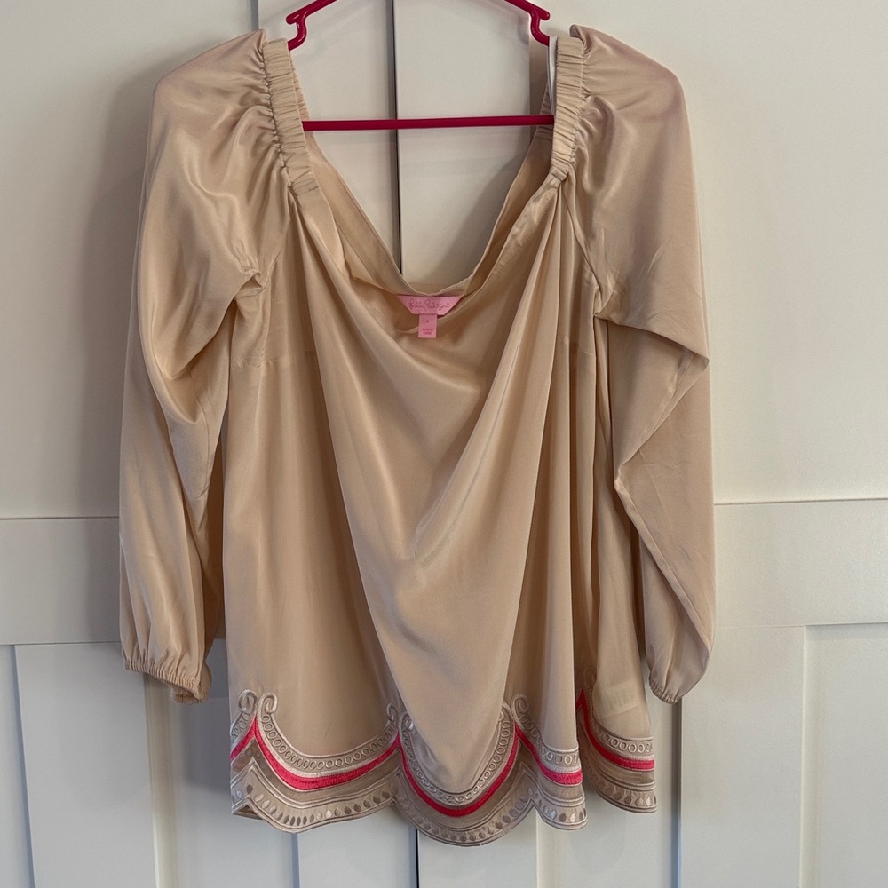 Lilly Pulitzer Adria Silk Top - Tan Blouse with Pink and Gray Embroidery